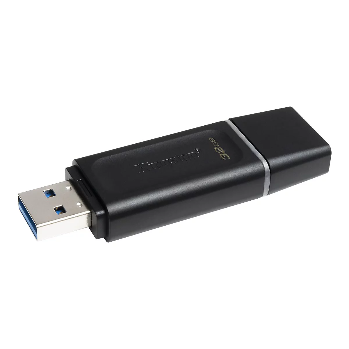 Schwarzer Kingston USB-Stick mit 32GB Kapazität und USB-A Anschluss vor weißem Hintergrund.
