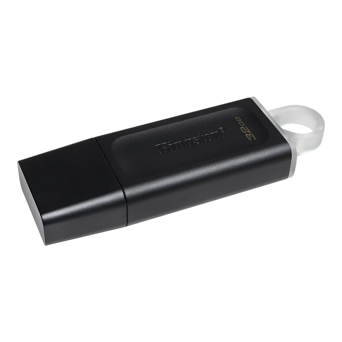Schwarzer Kingston USB-Stick mit 32GB Kapazität und einer durchsichtigen Öse am Ende.