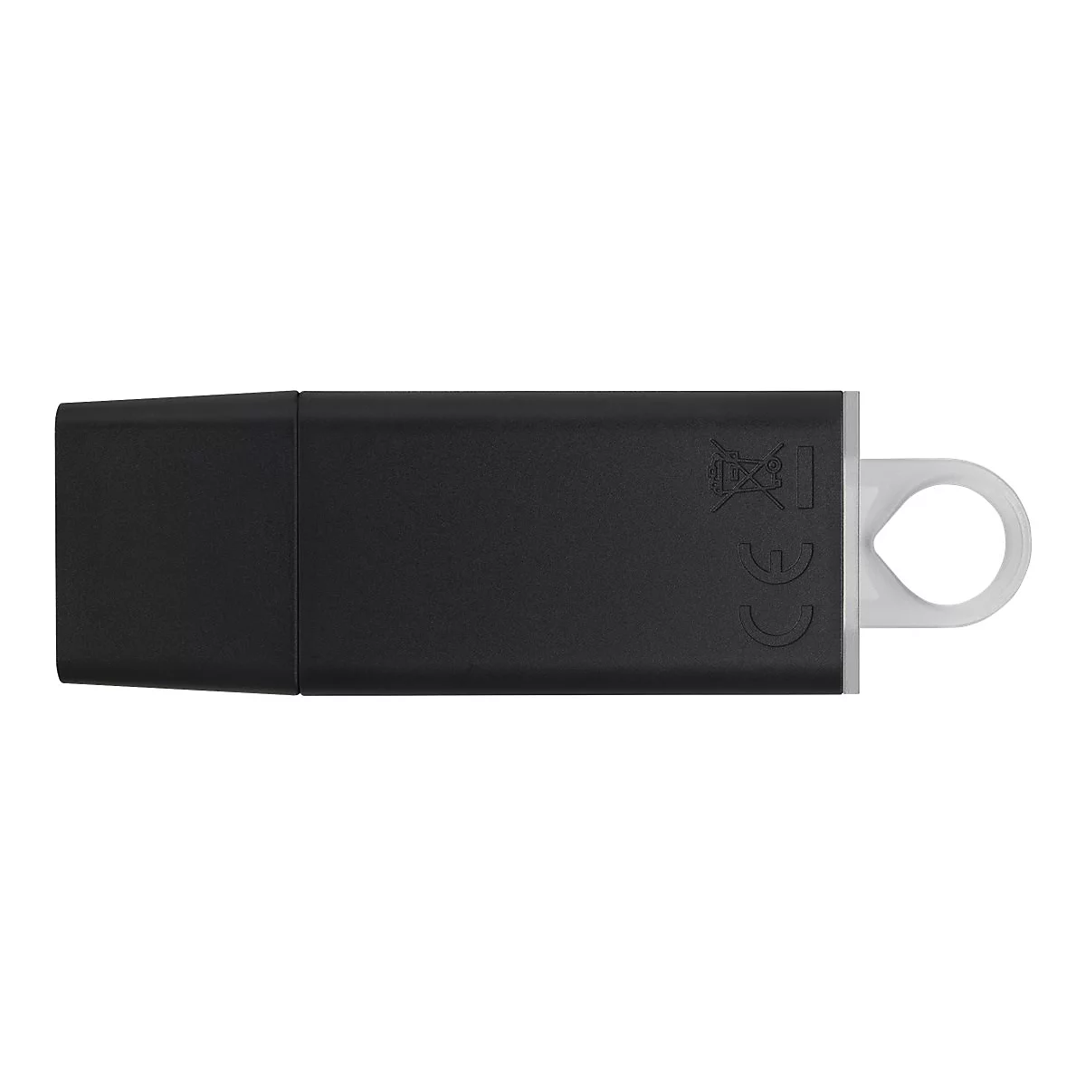 Ein schwarzer USB-Stick mit einer Öse an der rechten Seite, isoliert vor weißem Hintergrund.