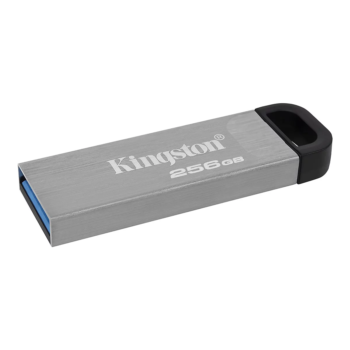 Grauer USB-Stick von Kingston, mit "256GB" und Logo-Aufdruck. Schwarze Kappe mit Loch.