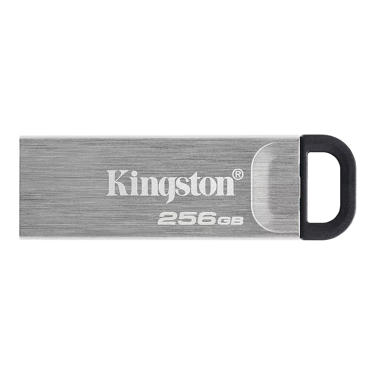 USB-Stick von Kingston, silber mit schwarzem Detail und Aufschrift "Kingston" und "256GB".