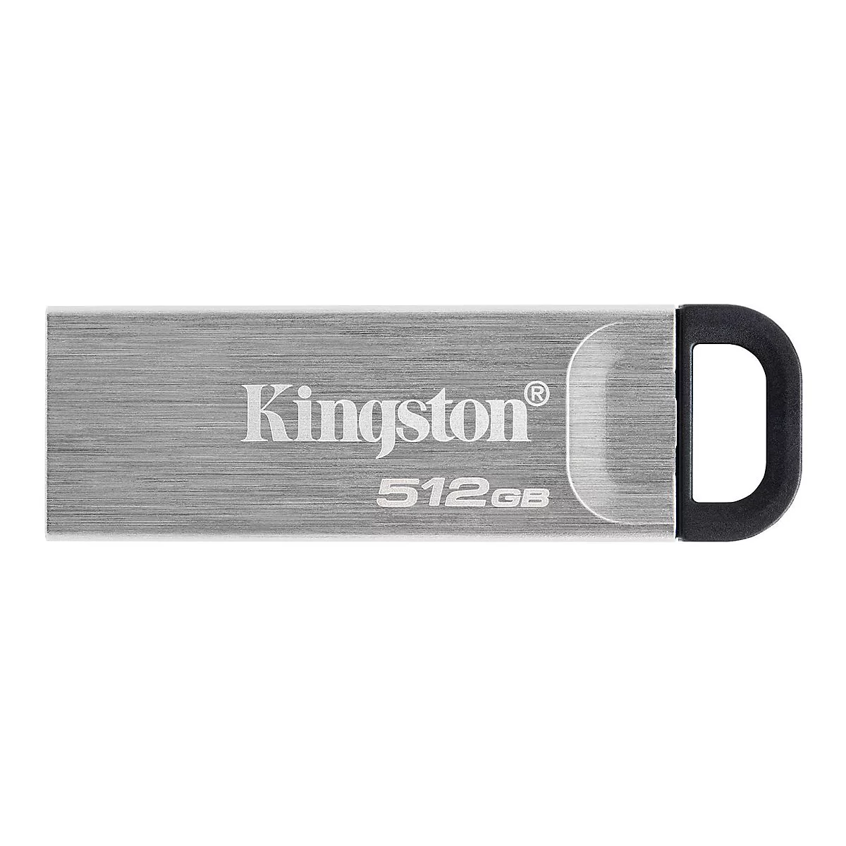 Ein silberner USB-Stick von Kingston. Auf dem Stick steht "Kingston 512GB". Am Ende befindet sich ein schwarzer Bügel.