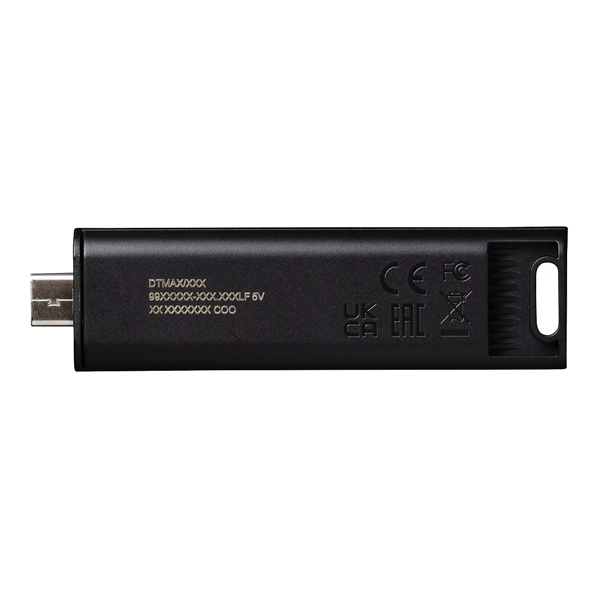 Schwarzer USB-Stick, Details zeigen Micro-USB-Anschluss und PrÃ¤gungen. CE-Kennzeichnung, UK CA und andere Symbole.