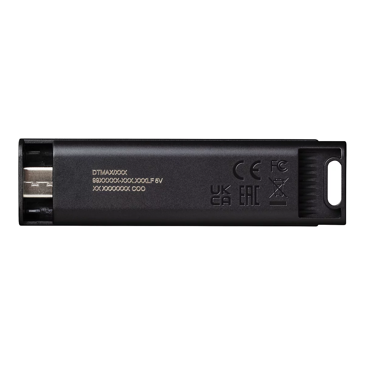 Schwarzer USB-Stick mit diversen Logos und Texten, darunter CE, UKCA und EAC. An einem Ende ein USB-C-Anschluss.