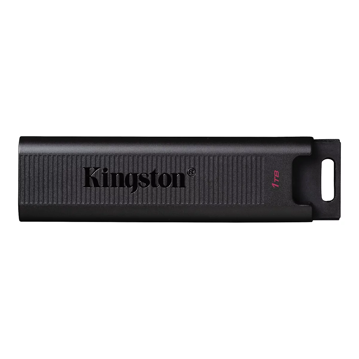 Schwarzer Kingston USB-Stick. Aufgedruckt: Kingston und 1TB.