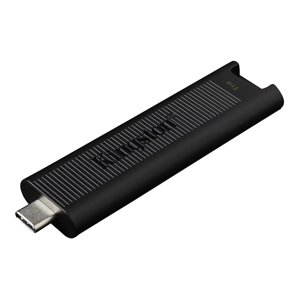 Schwarzer USB-Stick von Kingston, mit silbernem USB-C-Anschluss. Der Stick hat eine geriffelte OberflÃ¤che und den Schriftzug Kingston.