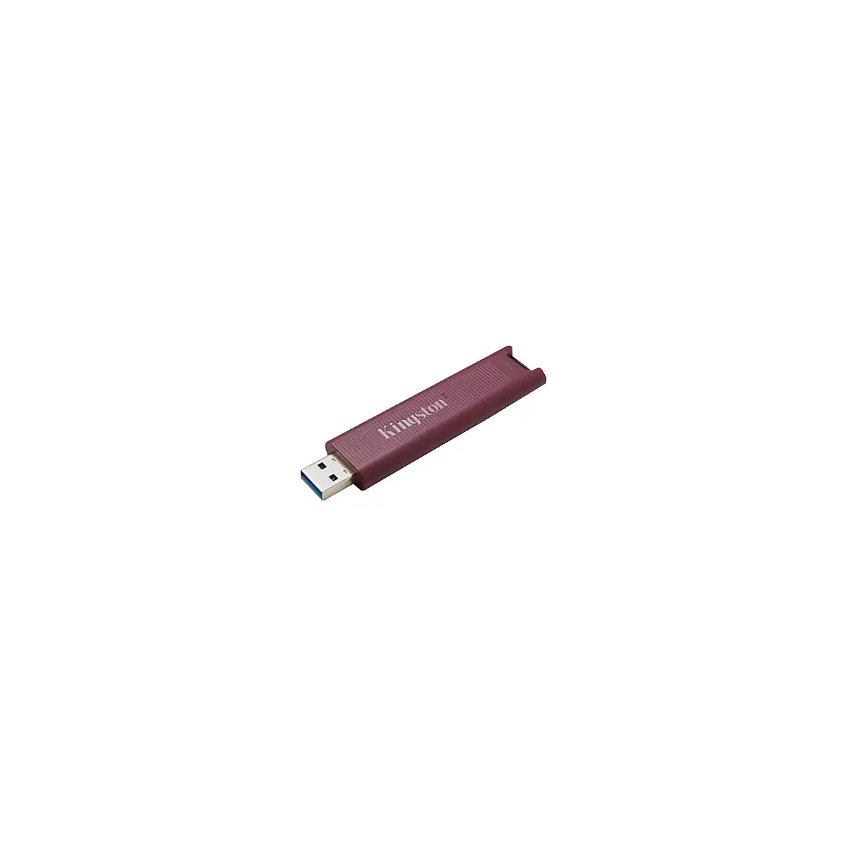 Bordeauxfarbener USB-Stick mit Kingston-Logo. Metall-USB-Anschluss.