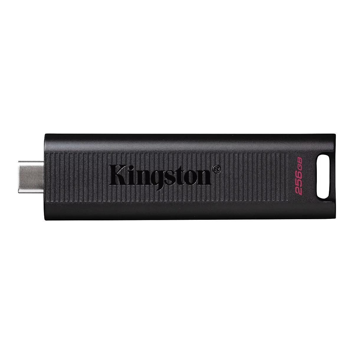 Schwarzer USB-Stick mit „Kingston“-Logo und 256GB-Aufdruck. USB-C-Anschluss. Auf weißem Grund.