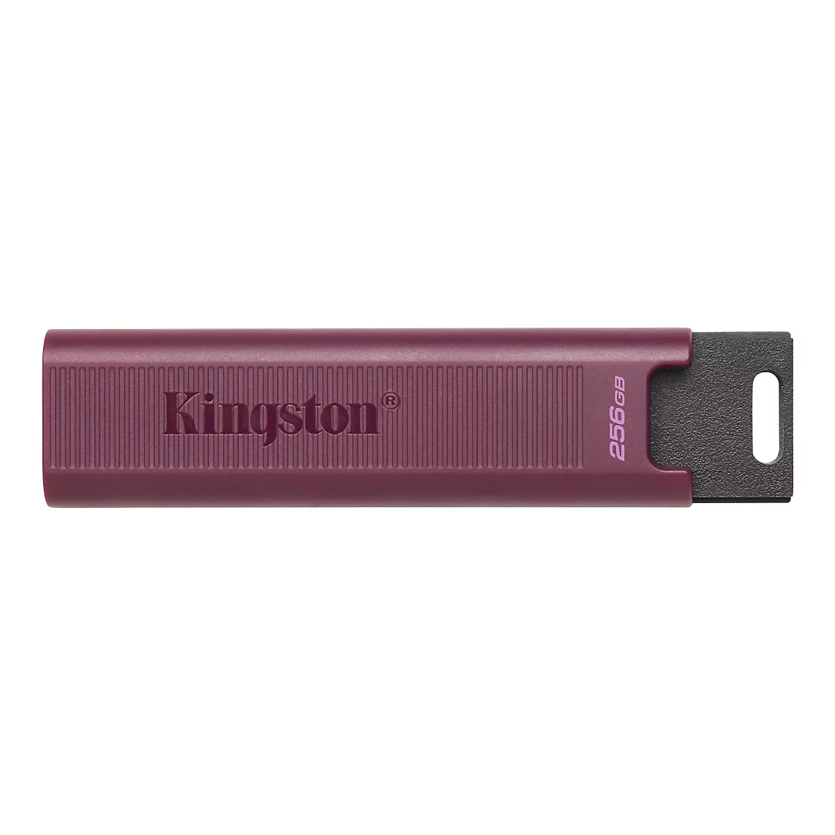 Burgunderfarbener USB-Stick mit Kingston-Logo und 256GB Aufdruck. Schwarzer Stecker.