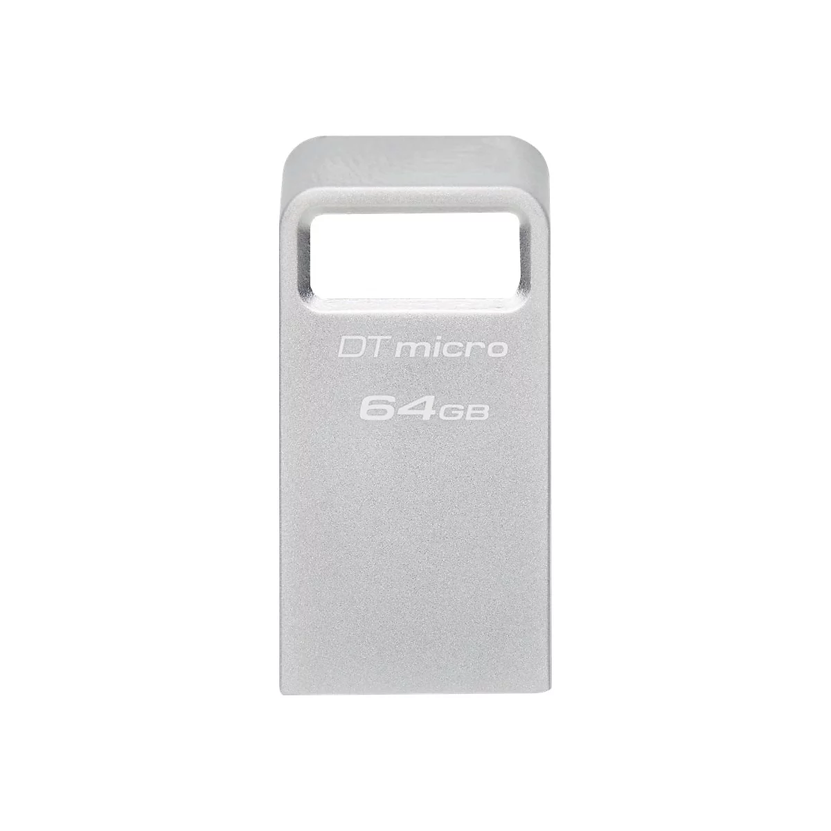 ClÃ© USB argentÃ©e avec le texte DT micro 64GB. Il y a un trou en haut.