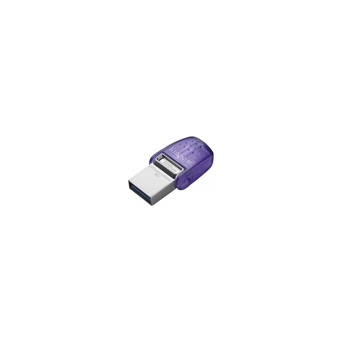 Ein Kingston USB-Stick in Lila und Silber, mit der Aufschrift 128GB, DTmicroDuo 3C.