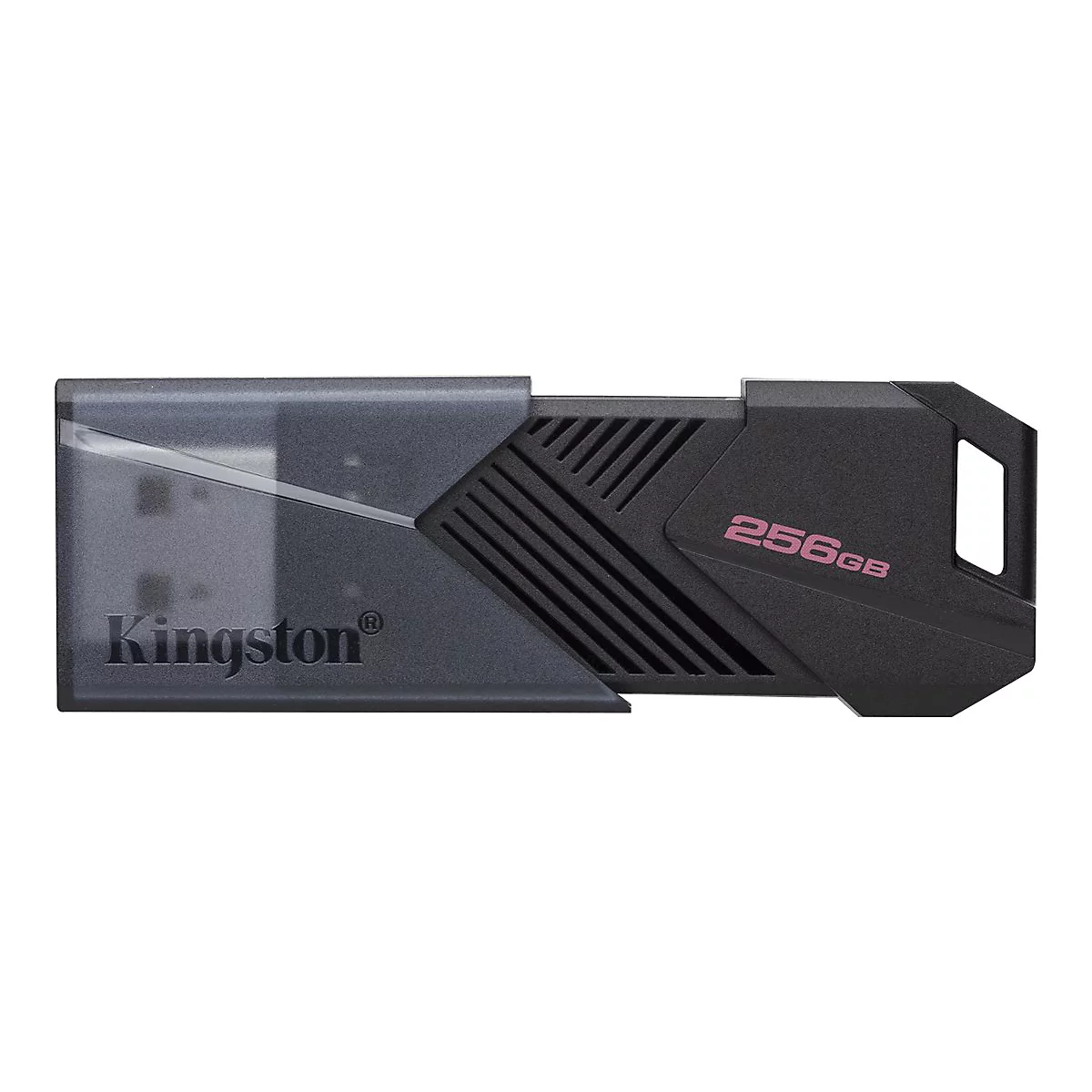Schwarzer Kingston USB-Stick, 256 GB, mit transparentem Schutz. Aufschrift Kingston und 256GB in pink.