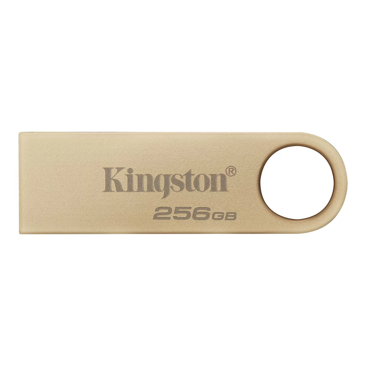 Goldener USB-Stick von Kingston, mit 256 GB Speicher. Das Design hat ein Loch, zur Befestigung.