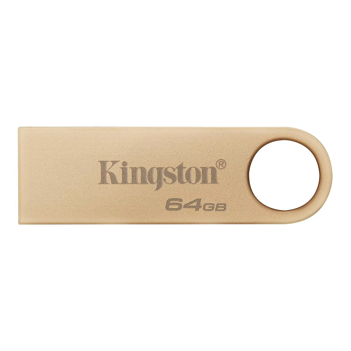 Goldener USB-Stick mit dem Kingston-Logo und der Aufschrift 64GB. Am Ende eine kreisförmige Öffnung.