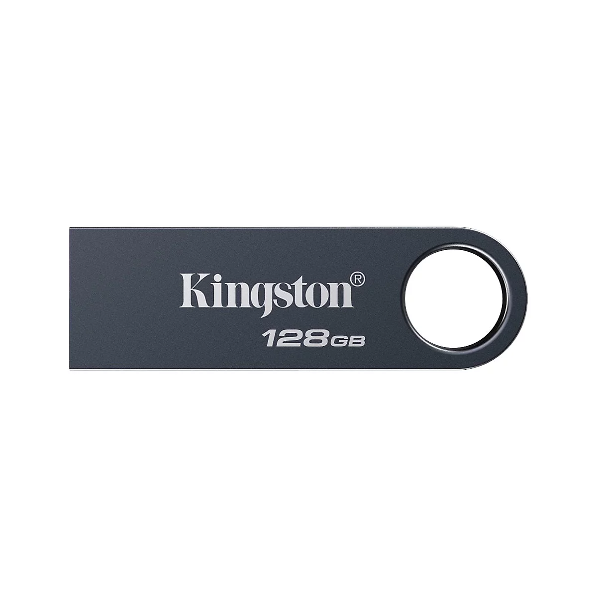 Dunkelgrauer USB-Stick mit weißem "Kingston" Schriftzug und "128GB" auf weißem Grund.