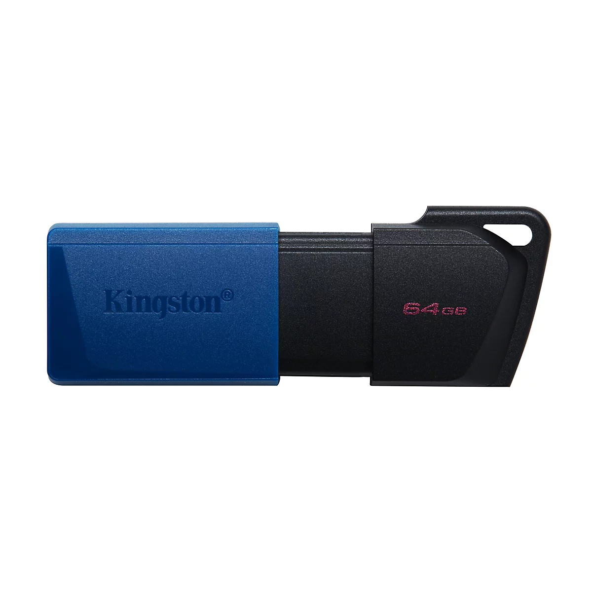 Ein blauer und schwarzer Kingston USB-Stick auf weißem Hintergrund. Der blaue Teil hat den Kingston-Schriftzug. Auf dem schwarzen Teil steht "64GB".