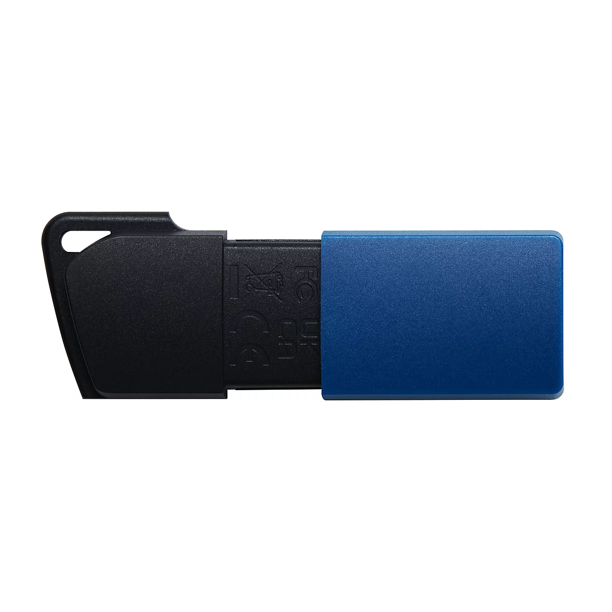 Ein USB-Stick, halb in schwarzer, halb in blauer Farbe, mit einem Schlaufenloch.