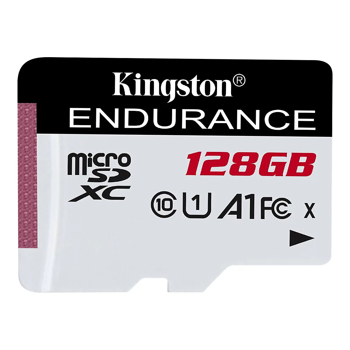 Une carte Micro SD Kingston Endurance. Texte noir sur fond blanc : Kingston, Endurance, 128 Go.