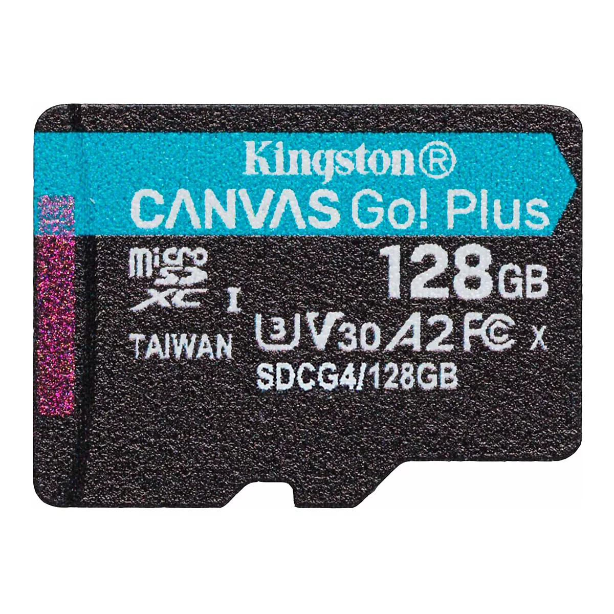 Gros plan sur une carte microSD Kingston Canvas Go! Plus 128 Go noire avec un accent turquoise.