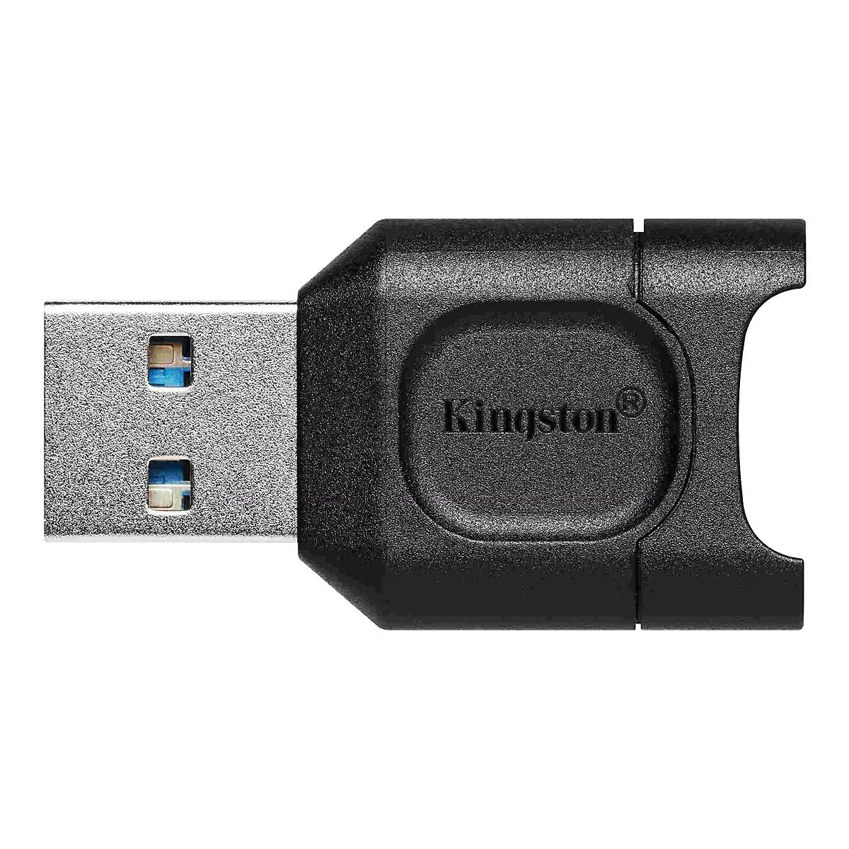 Ein schwarzer USB-Adapter mit Kingston-Logo. Rechts ein Aussparung für Karten. Der USB-Anschluss links.