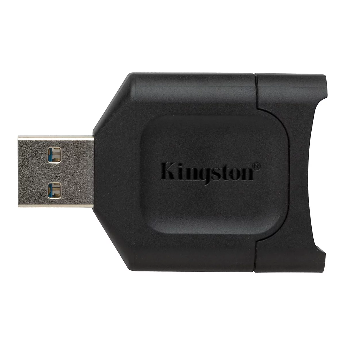 Schwarzer USB-Kartenleser mit Kingston-Logo, isoliert auf weißem Hintergrund.
