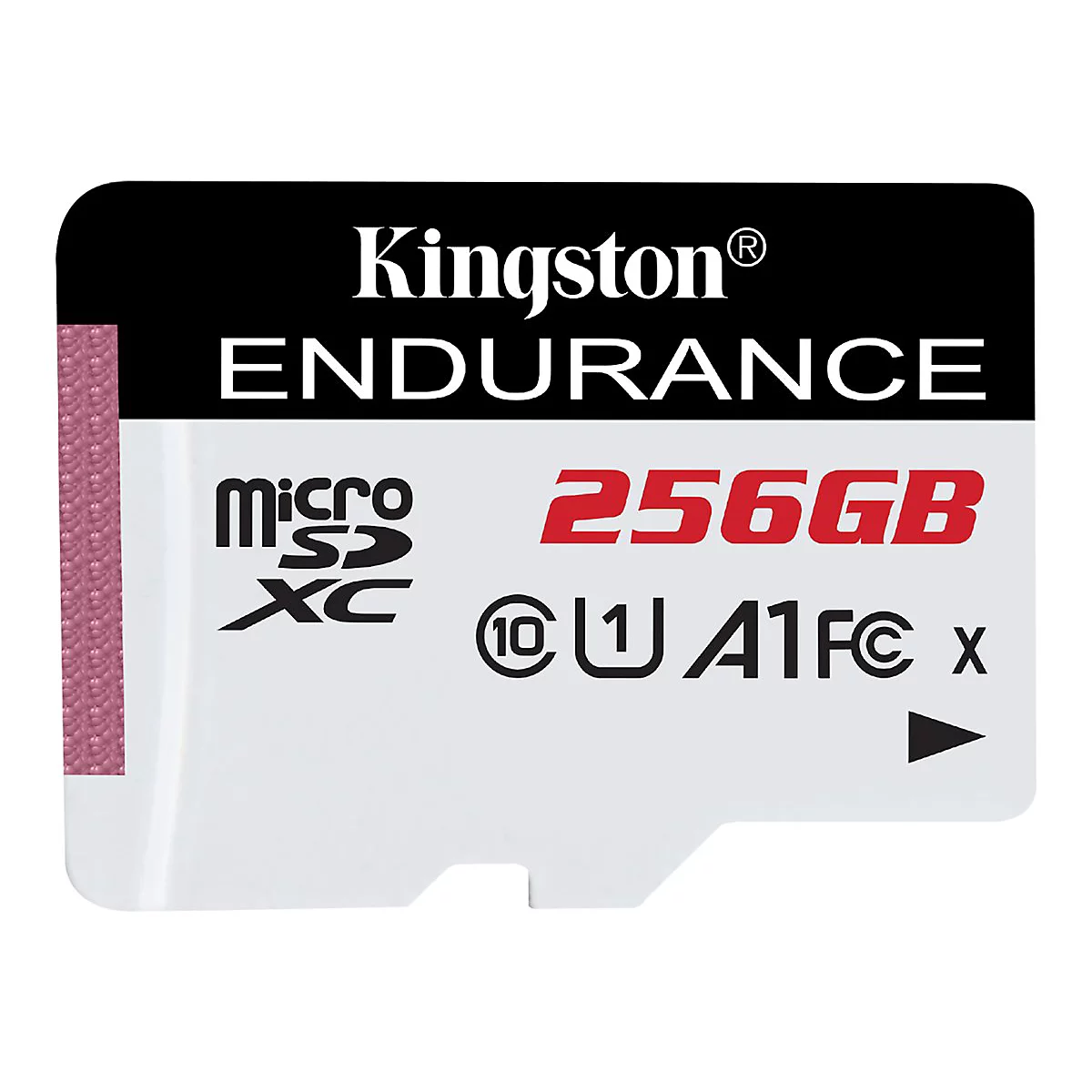 Carte microSDXC Kingston Endurance. Blanc avec texte noir et rouge. 256 Go, logo Micro SDXC.
