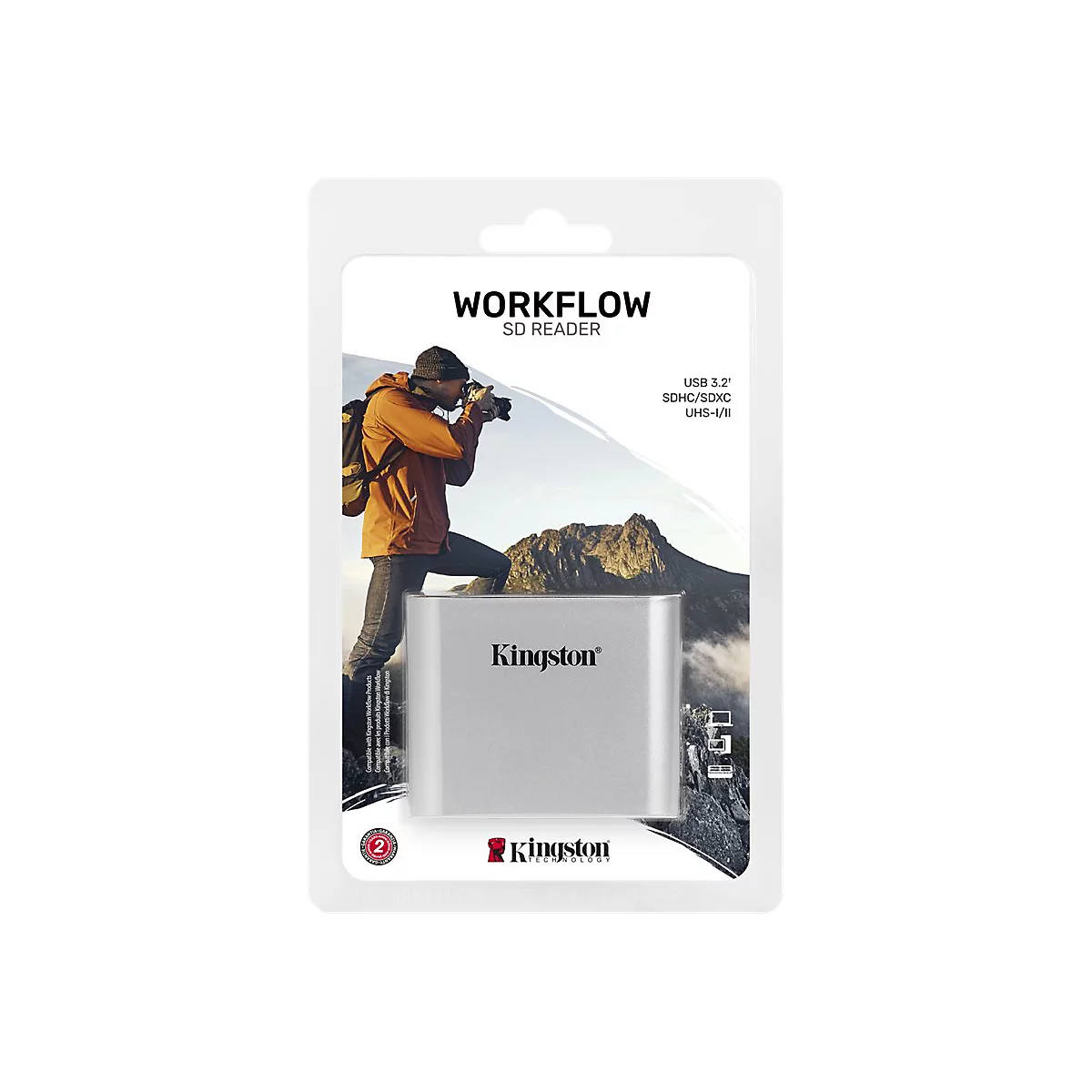 Lecteur de carte SD dans un emballage blister, impression Workflow SD Reader, homme photographiant un paysage de montagne, logo de la marque Kingston.