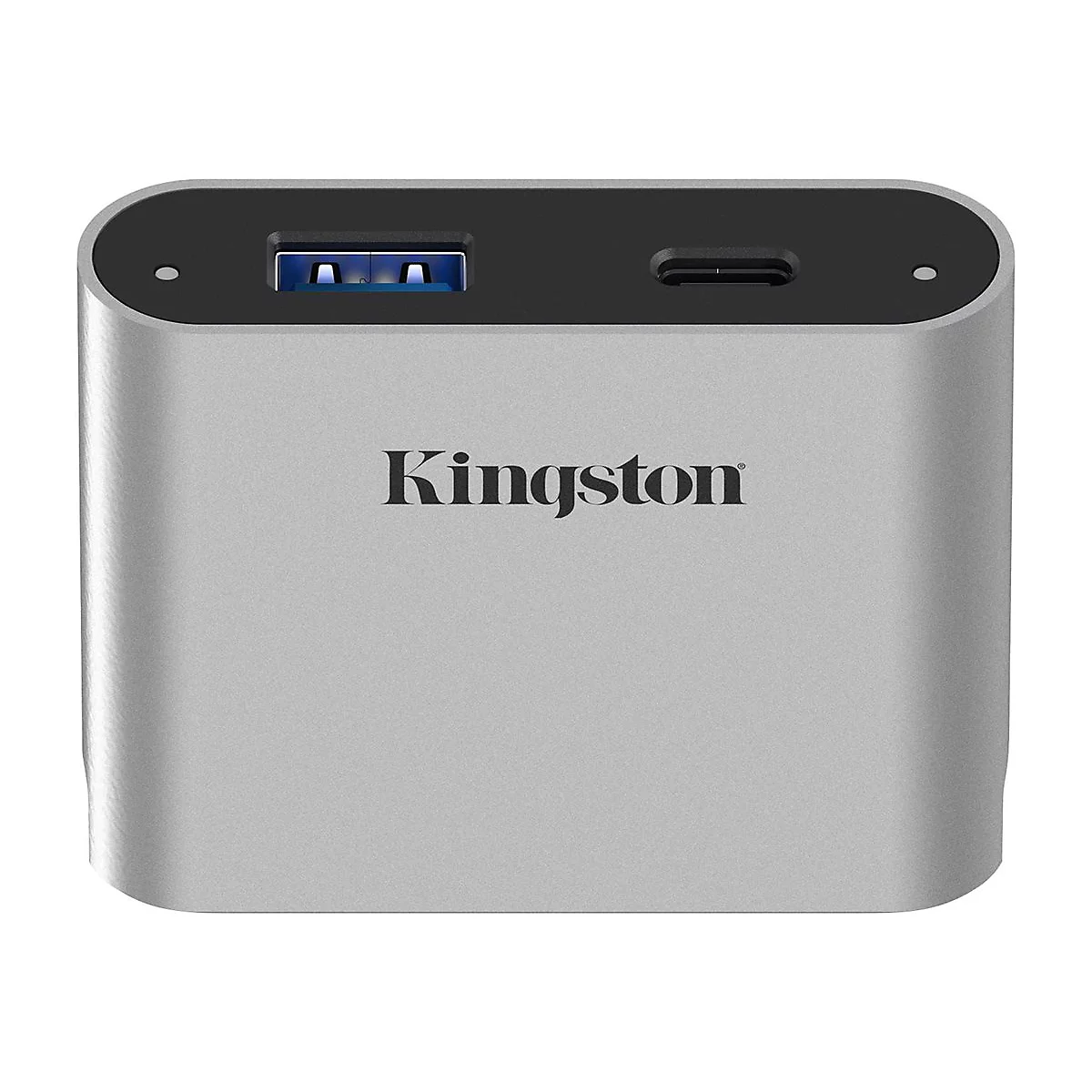 Silberner Kingston USB-Hub mit USB- und USB-C-Anschlüssen. Schriftzug "Kingston".