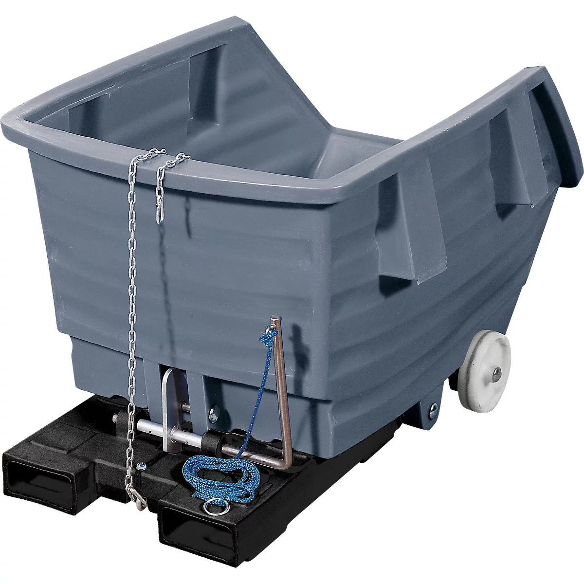 Kippbehälter mit Rollen, Polyethylen, grau, B 920 x T 1420 x H 625 mm, 300 l, Schüttkanthöhe 405 mm, bis 150 kg, Kipp-Arretierungsvorrichtung
