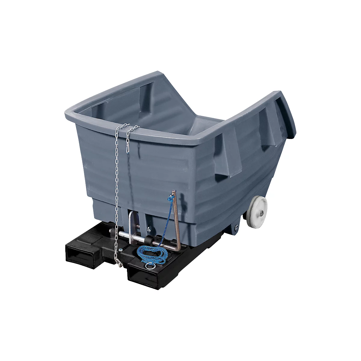 Kippbehälter mit Rollen, Polyethylen, grau, B 960 x T 1530 x H 830 mm, 500 l, Schüttkanthöhe 460 mm, bis 150 kg, Kipp-Arretierungsvorrichtung