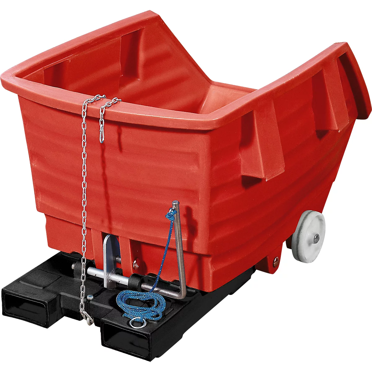 Kippbehälter mit Rollen, Polyethylen, rot, B 960 x T 1530 x H 830 mm, 500 l, Schüttkanthöhe 460 mm, bis 150 kg, Kipp-Arretierungsvorrichtung