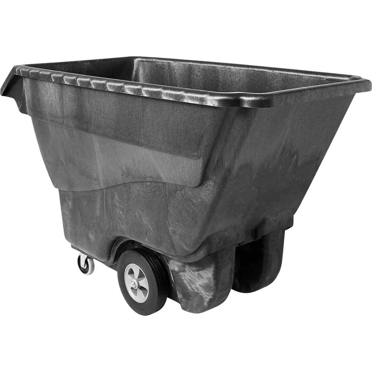 Schwarze Transportkarre mit Rädern. Der Container ist aus Kunststoff und hat eine rechteckige Form.