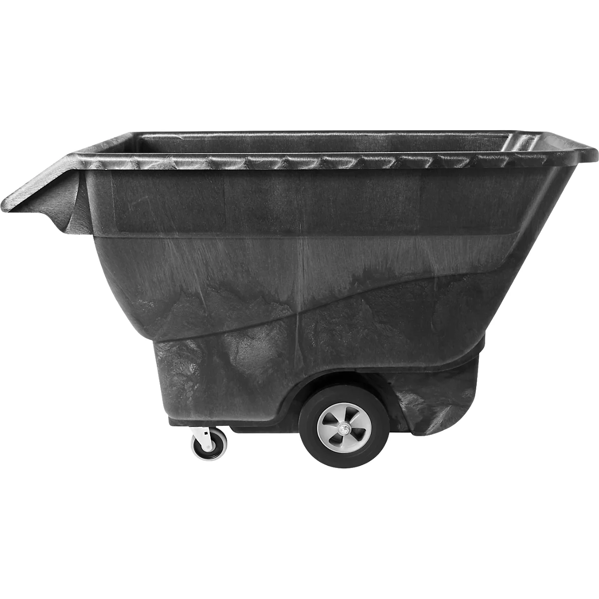 Schwarze Transportkarre mit zwei Rädern und einem Griff. Die Karre ist aus Kunststoff gefertigt und hat eine rechteckige Form.
