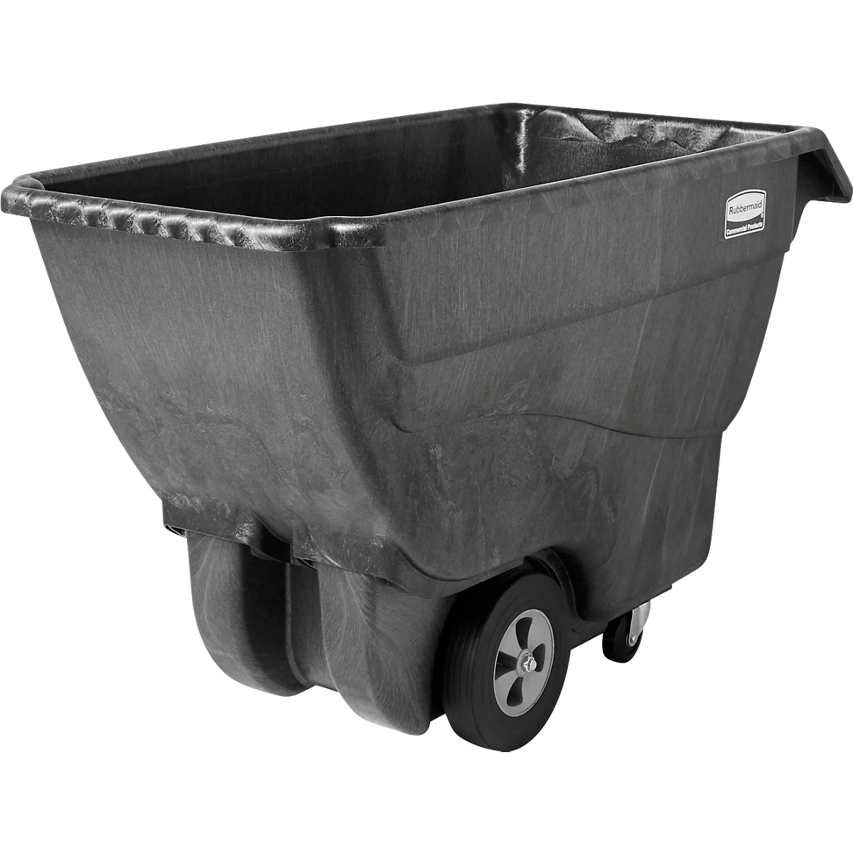 Schwarzer, rechteckiger Müllwagen mit Rädern, zum Transport von Abfällen. Er hat einen Griff und das Rubbermaid-Logo.