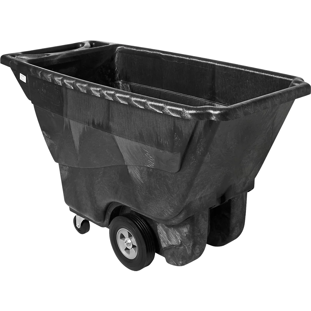 Schwarze Transportmulde auf Rädern. Großer, rechteckiger Behälter mit Vertiefungen und zwei großen und zwei kleinen Rädern.