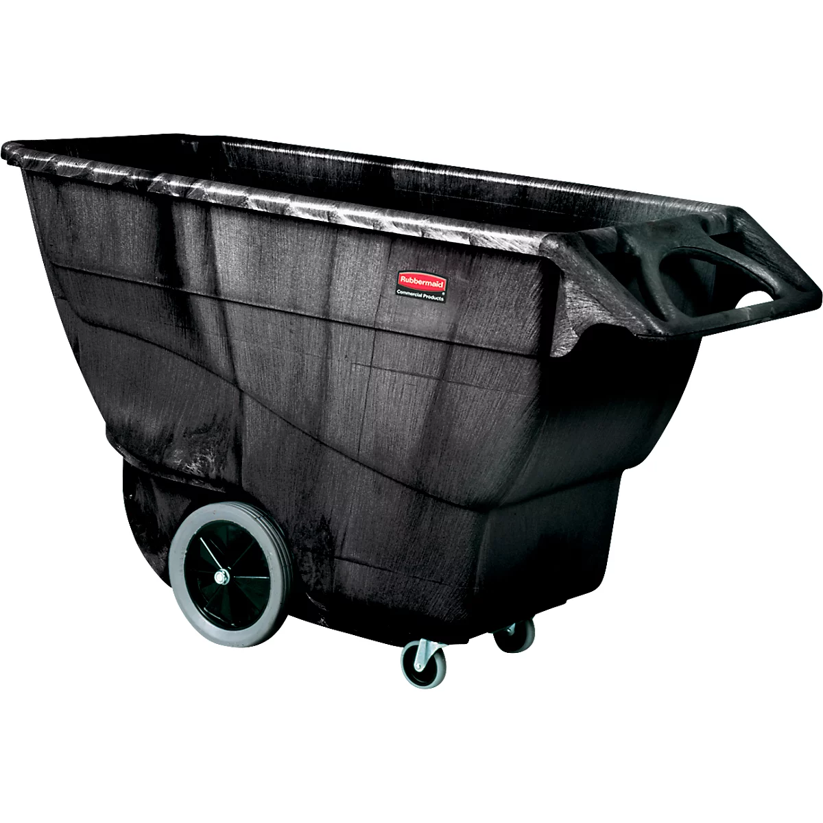 Schwarzer Müllwagen mit Rollen und Griff. Das Logo von Rubbermaid ist sichtbar.