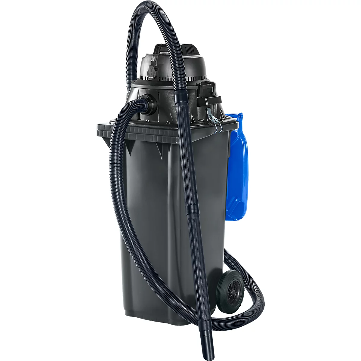 Aspirateur eau et poussière gris foncé avec tuyau noir et réservoir bleu. Sur roulettes.