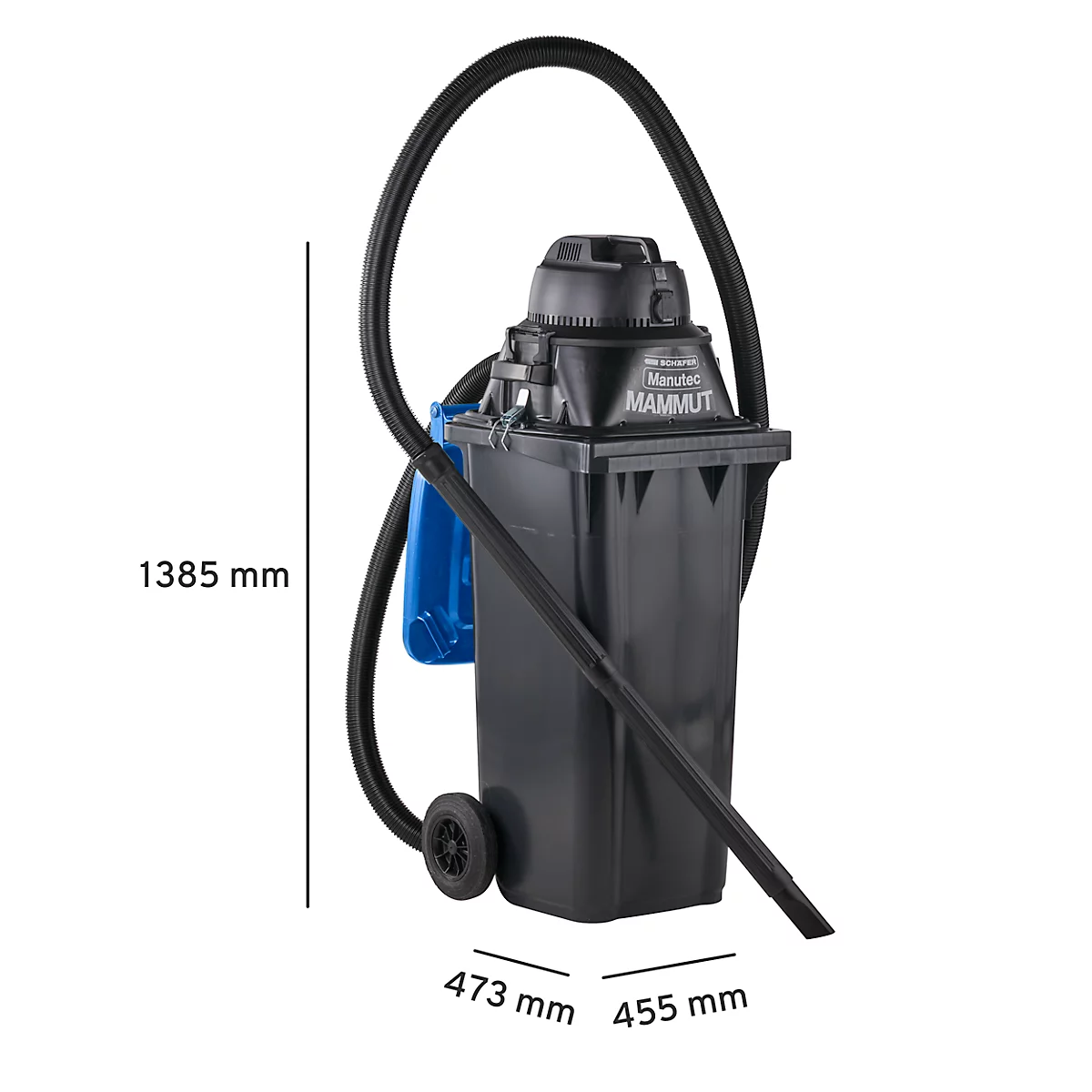 Aspirateur industriel noir avec tuyau, roue et dimensions. Inscription: Mammut.