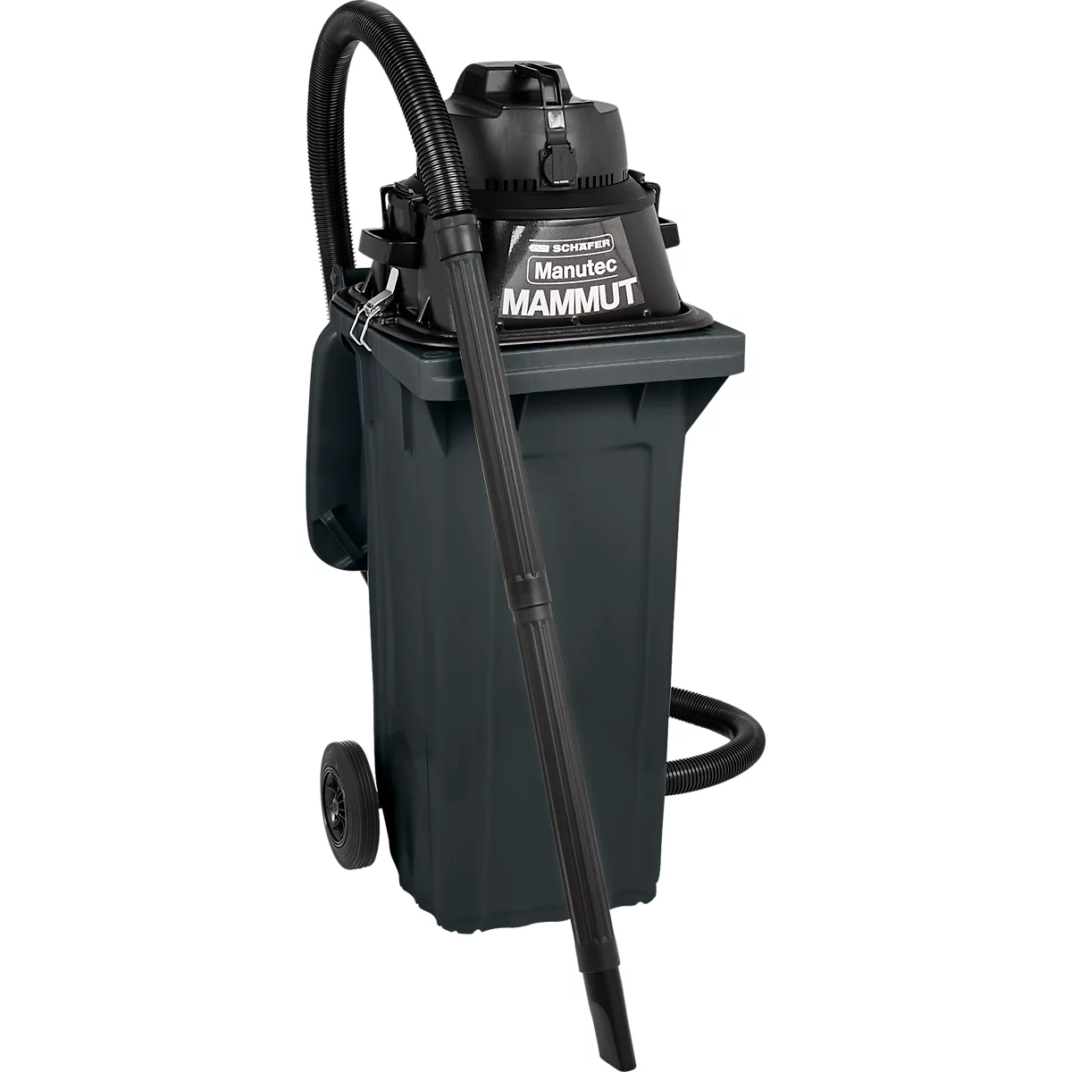 Aspirateur industriel noir avec tuyau et accessoire. Inscription : "Manutec MAMMUT".