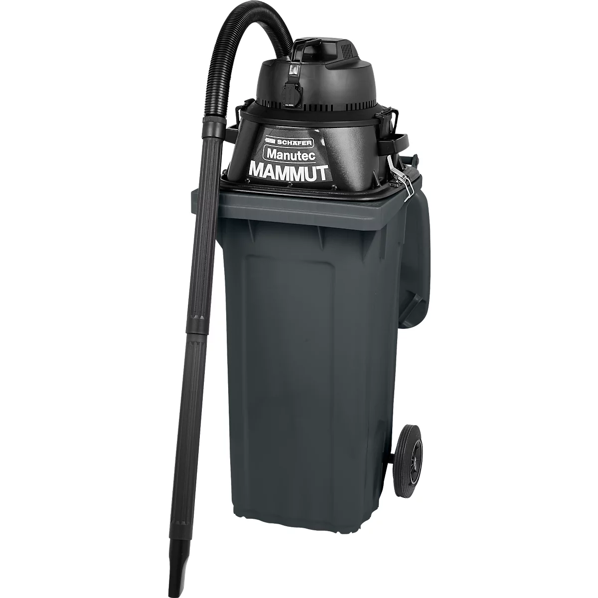 Aspirateur industriel gris foncé sur un conteneur à déchets gris avec roues. L'aspirateur porte l'inscription "Manutec MAMMUT".