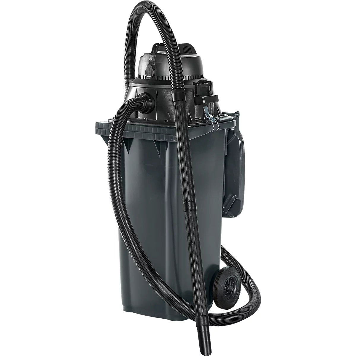 Aspirateur industriel gris foncé avec tuyau et buse noirs.