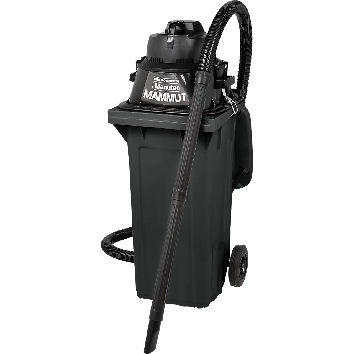 Aspirateur industriel noir sur un conteneur noir avec des roues. Le tuyau et le tuyau d'aspiration sont attachés. Inscription : Manutec Mammut.
