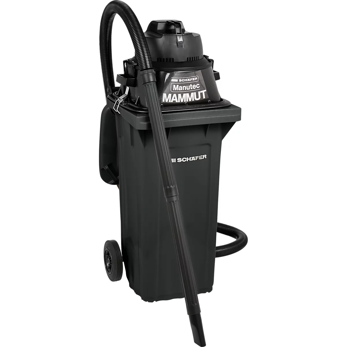 Aspirateur industriel noir "Manutec Mammut", tuyau, roues, inscription "SCHAFER".