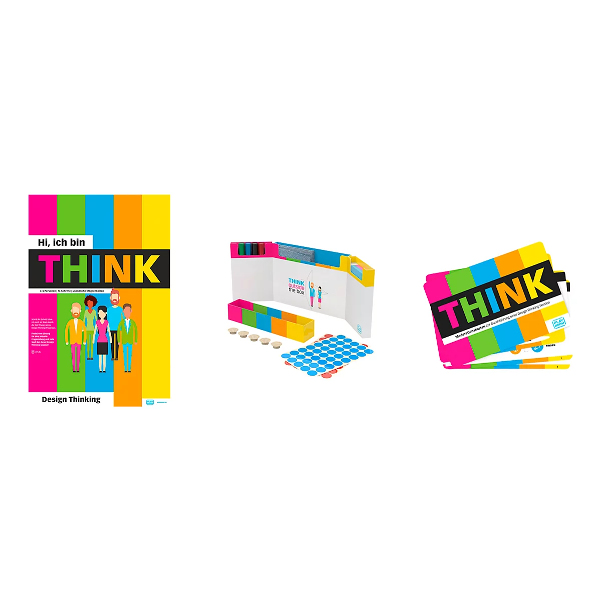 Trois produits : livre avec lettrage 'Think' et personnes, configuration de jeu avec des blocs et des cartes avec lettrage 'Think'.