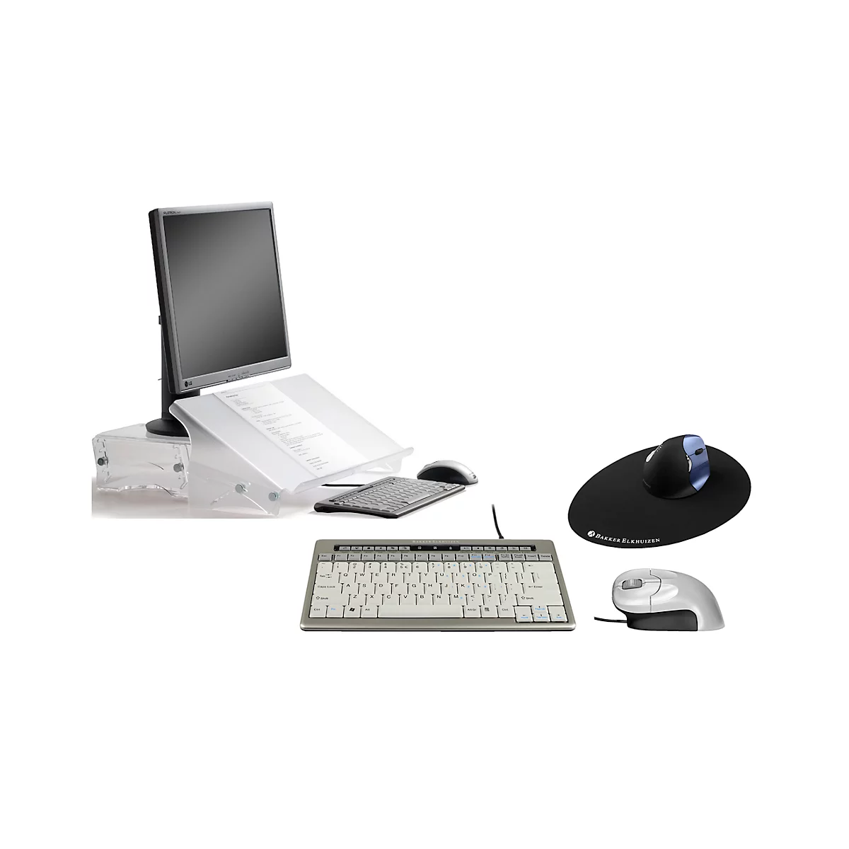 Kit d'économie BakkerElkhuizen Home Working Kit 2, 4 pièces, ergonomique, comprenant un support d'écran, un clavier, un clavier QWERTY, une souris verticale et un tapis de souris