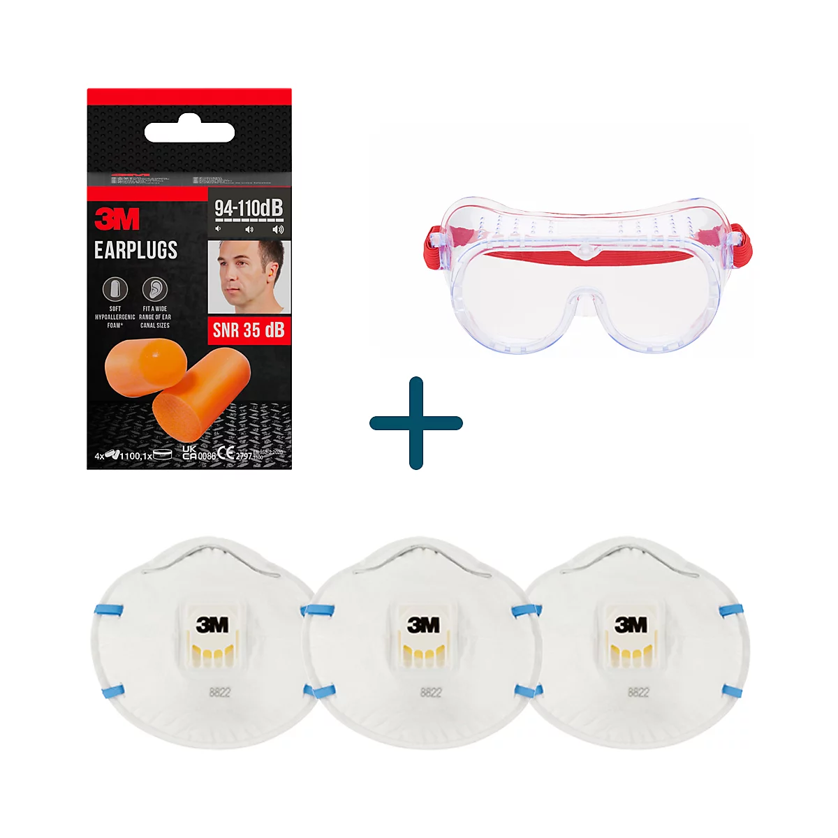 Divers articles de protection comme des bouchons d'oreille, des lunettes et des respirateurs. Tous les articles sont de 3M.