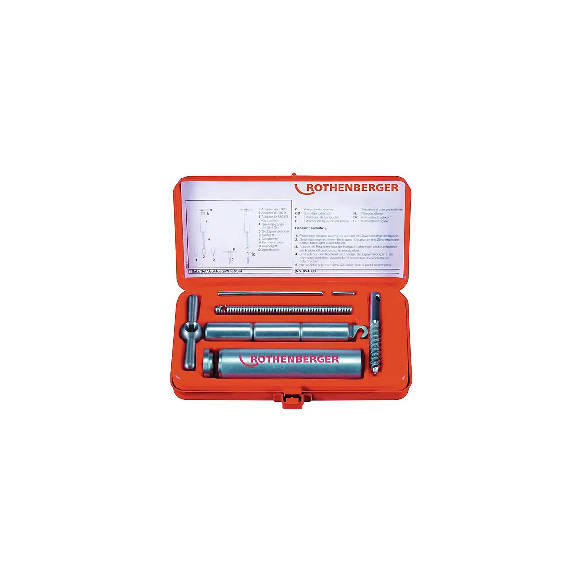 Une boîte à outils Rothenberger orange ouverte avec divers outils métalliques.
