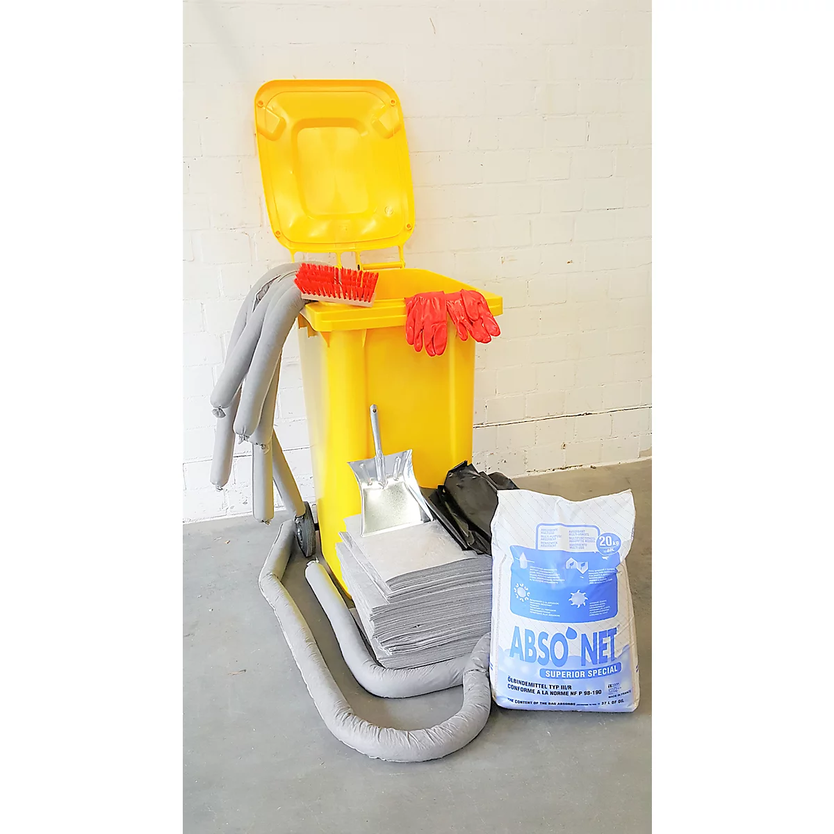 Kit d'urgence anti-fuites dans caisson mobile, 167 p., universel, capacité d'absorption 200 L