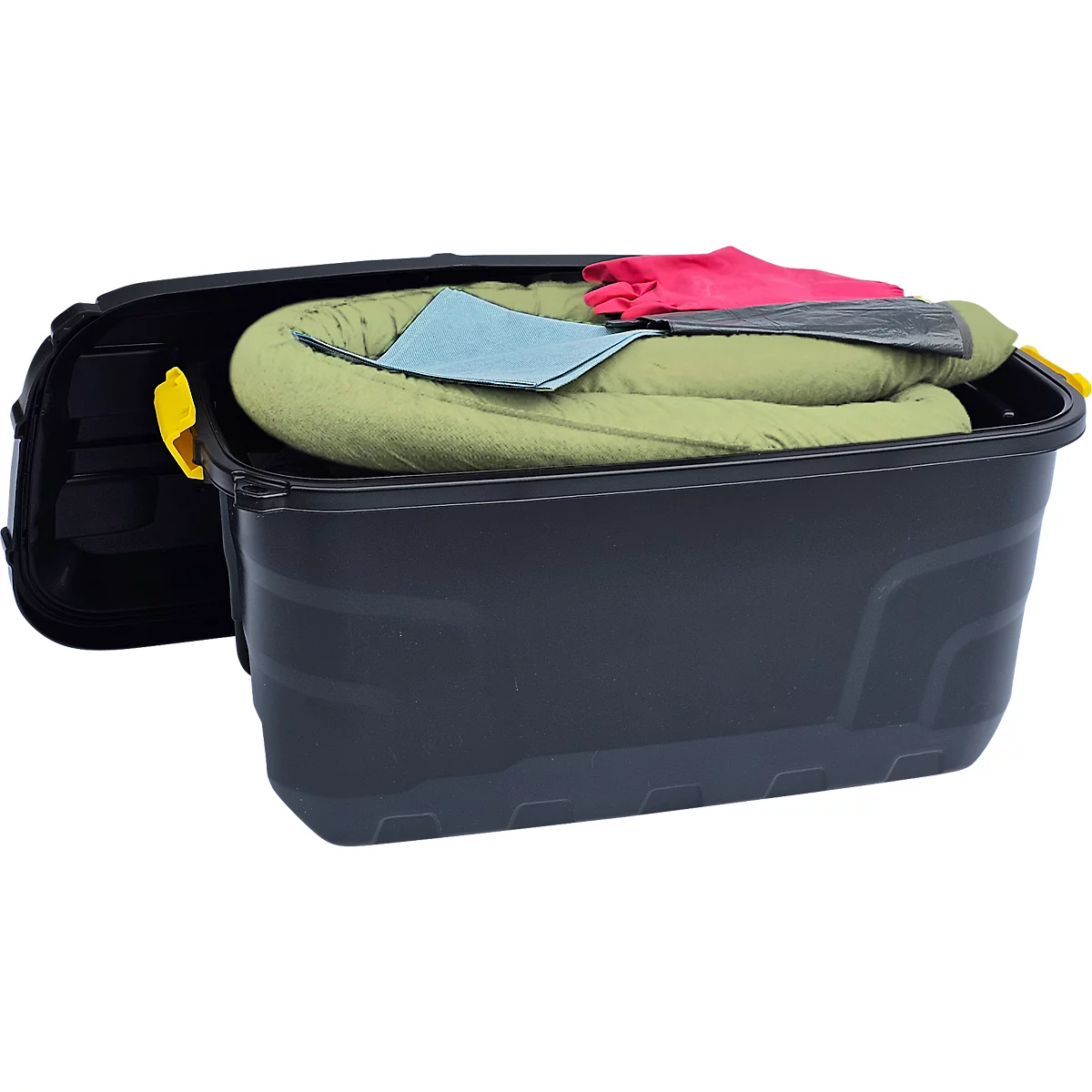 Kit d'urgence contre les fuites de produits chimiques jaune, capacité de 100 l, 77 pièces, dans une valise mobile