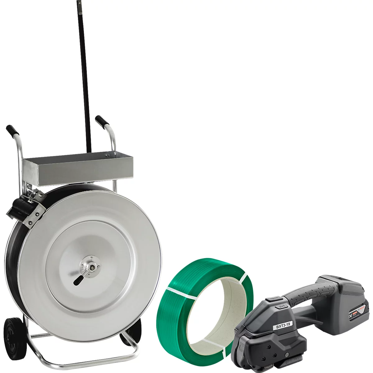 Kit de cerclage professionnel, avec chariot de déroulement entièrement galvanisé, appareil de cerclage par accu BXT3-19 &amp; KU feuillard en polyester, L 1200 m x l 18,5 mm, épaisseur 0,85 mm, gaufré, vert